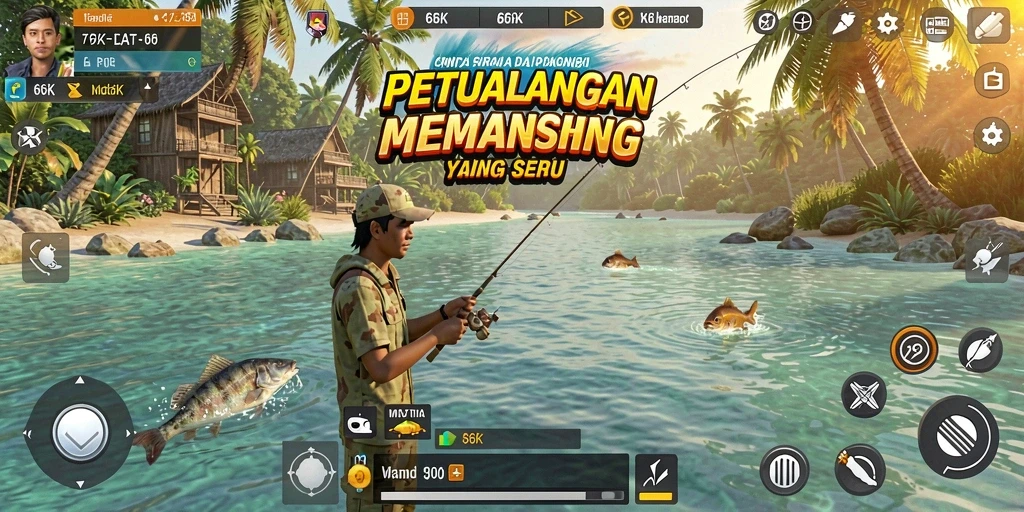 Tampilan gameplay 66K dengan aksi memancing yang menarik.
