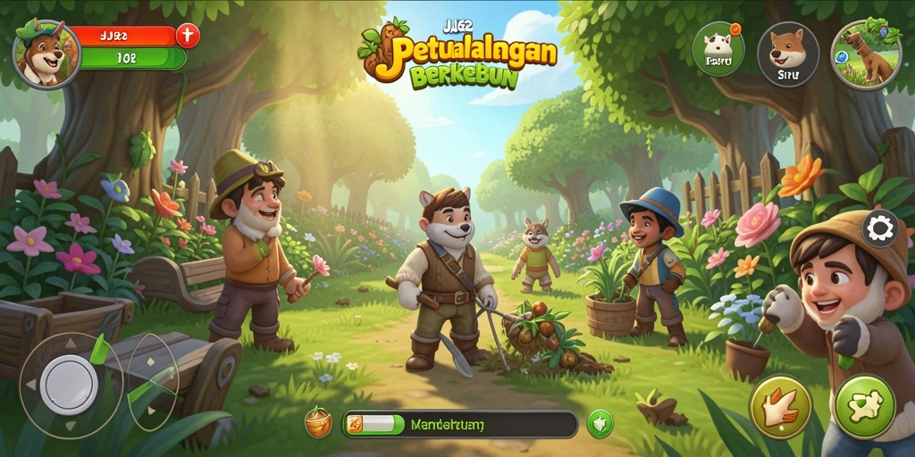 Screenshot gameplay JJ62 menampilkan aktivitas berkebun yang menarik.
