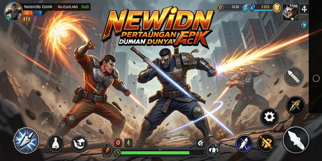 Tangkapan layar gameplay NEWIDN menampilkan pertarungan seru dengan karakter yang unik.