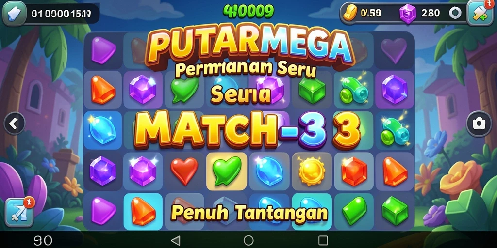 Tangkapan layar gameplay seru PUTARMEGA dengan tantangan Match-3.