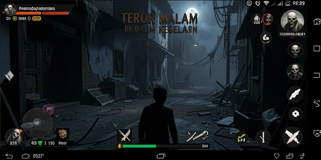 Screenshot gameplay RR89 menunjukkan suasana mencekam di dalam kegelapan.