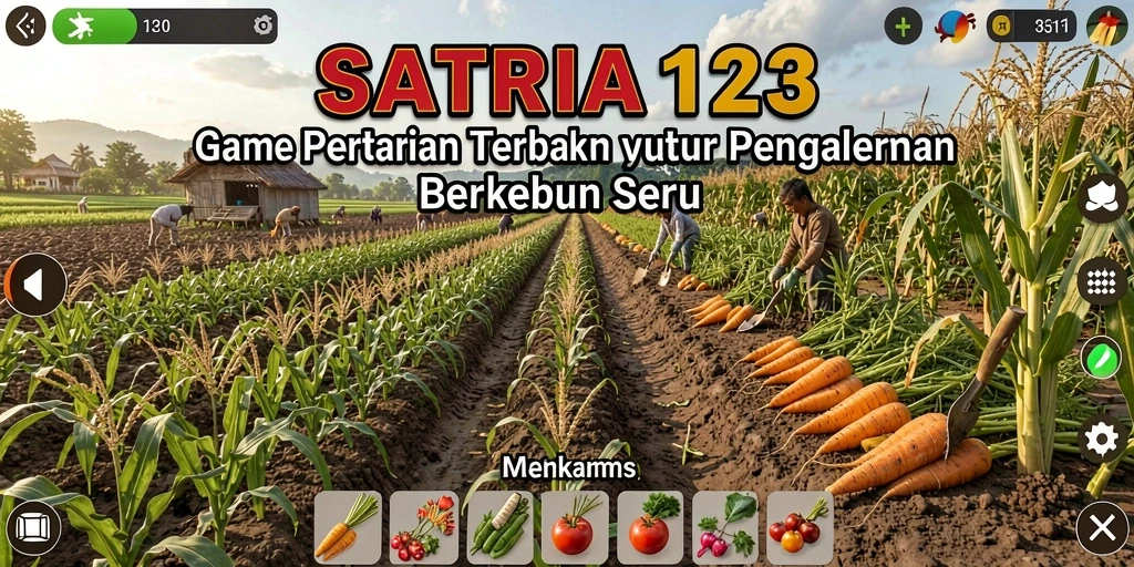 Tampilan gameplay SATRIA123 menampilkan ladang hijau dan aktivitas pertanian.