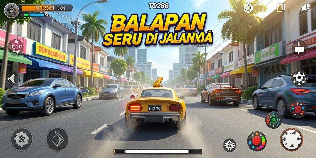 Tampilan balapan seru dalam TO288 dengan mobil cepat dan trek menantang.