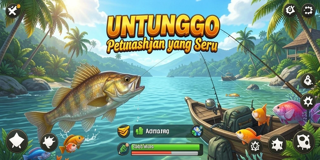 Tampilan gameplay menarik di UNTUNGGO dengan berbagai lokasi memancing.